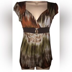 Earth tone tie back Y2K V neck blouse‎ IZ Byer Sz small Fall colors